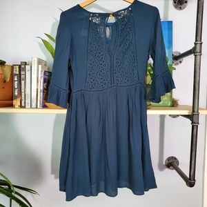 Blue boho dress with crochet fabric